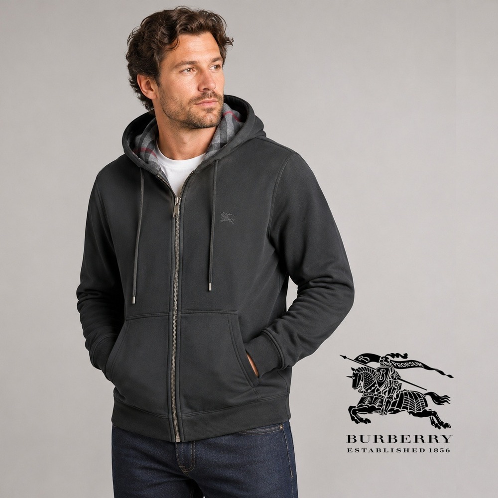 Burberry Mens Black Check Lined Full Zip Hoodie Sweatshirt Small Equestrian Logo